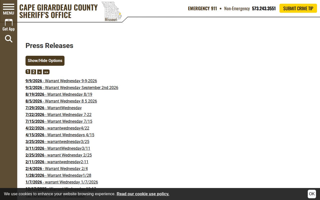 Cape Girardeau Sheriff Warrant Wednesday press releases
