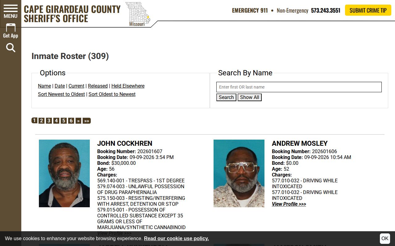 Cape Girardeau County current arrest roster sorted by newest booking time