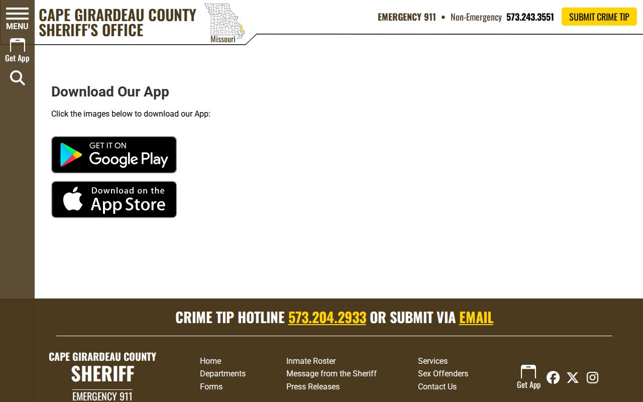 Cape Girardeau County Sheriff mobile app landing page