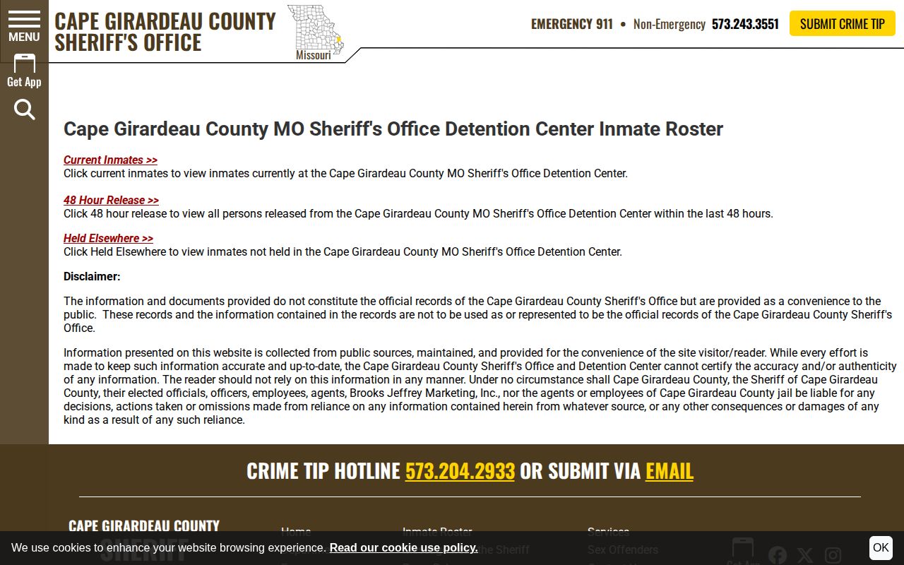 Cape Girardeau County Sheriff inmate roster search interface