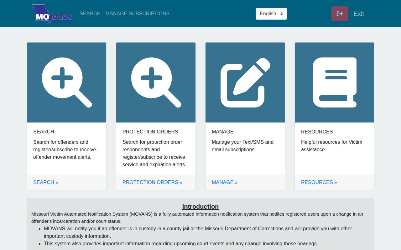 Missouri MOVANS search and registration screen