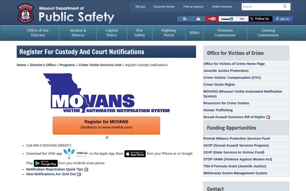 Missouri custody notification registration instructions